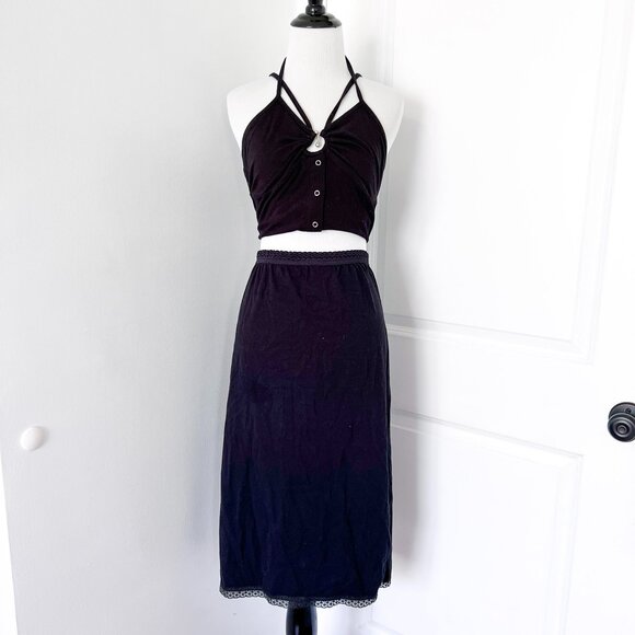 Vintage Dresses & Skirts - Vintage Rosin Black Midi Slip Skirt with Lace Trim